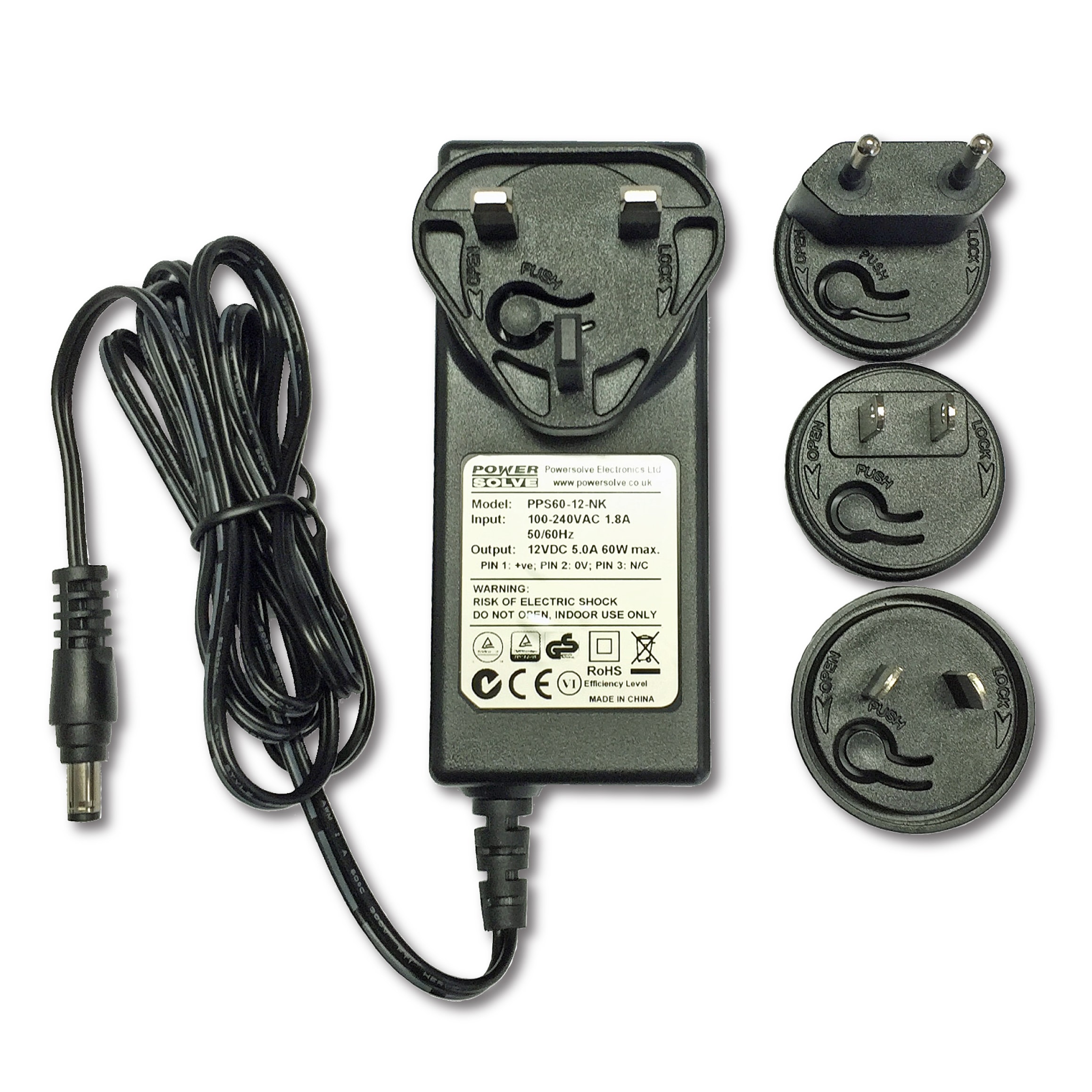 NEW!! 60Watt Plug Top Power Adaptor with interchangeable AC Plugs, 12V, 15V  and 24V Versions. CEC Level VI - PowerSolve